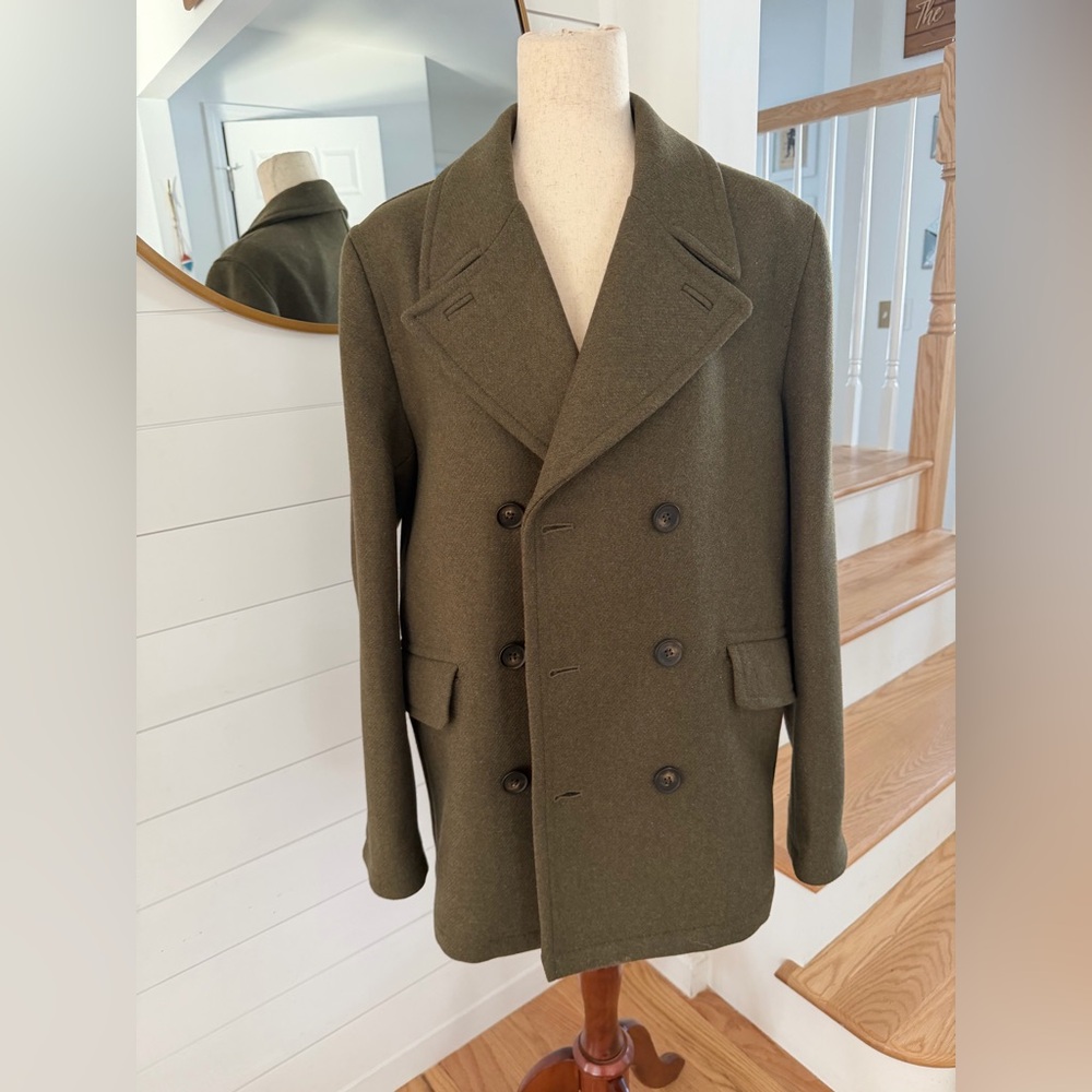Ted Baker Men's Olive Wool Double-Breasted Military Style Peacoat - Large - Picture 6 of 12